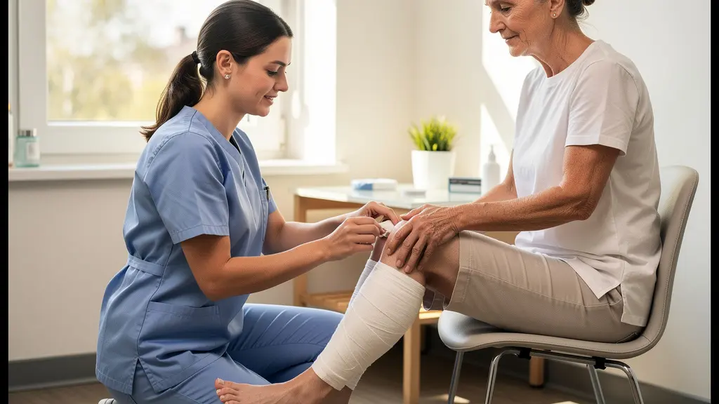 Kinésithérapeute montrant la technique de bandage pour lymphœdème à un patient