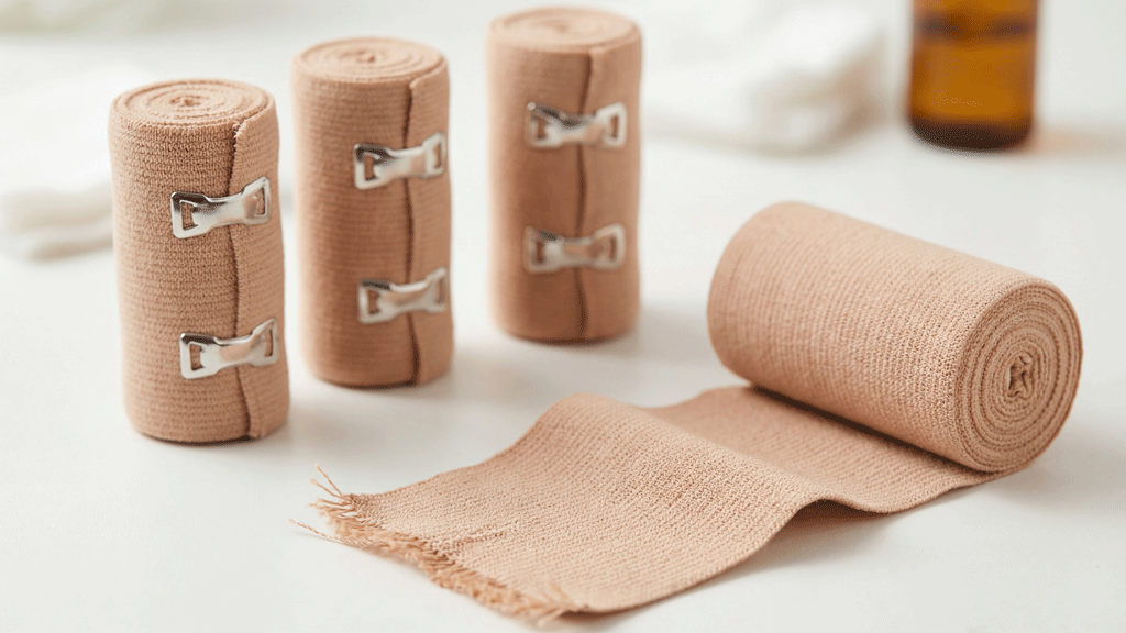 Différentes couches d'un bandage multi-couches pour lymphœdème disposées sur surface claire