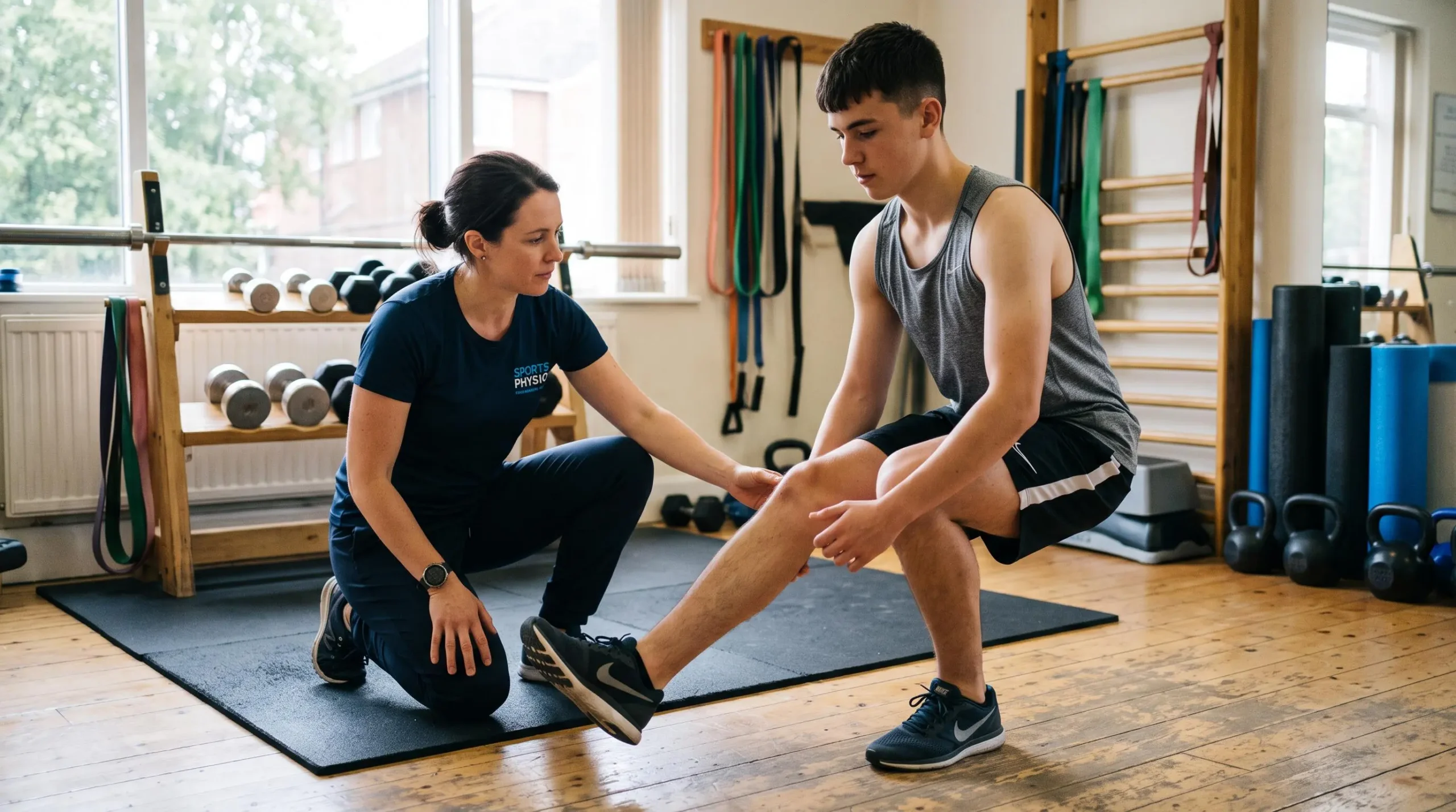 Un kiné contrôle un exercice de flexion sur une jambe lors d'une rééducation.