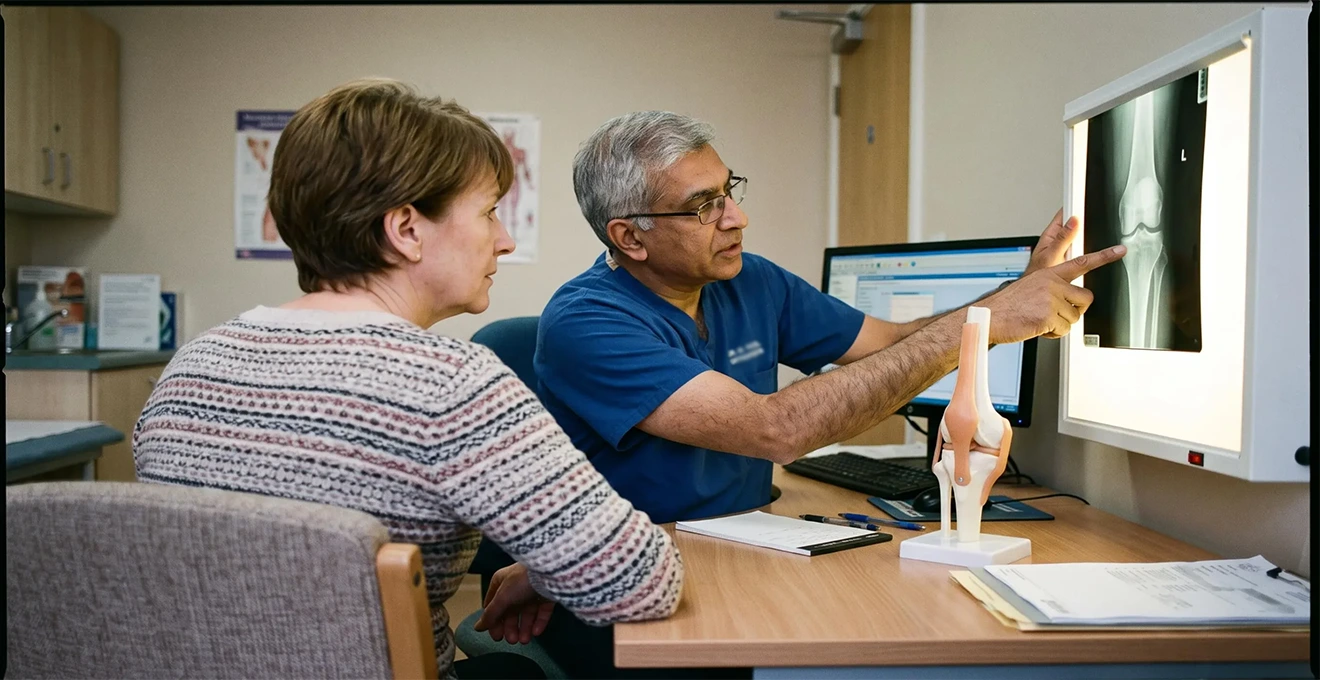 Un médecin commente une radiographie du genou à son patient en consultation.